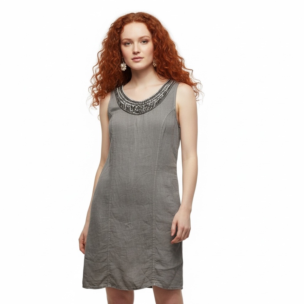 Lina Tomei Italy Taupe Neckline Beaded Detailing Linen Shift Dress Size S